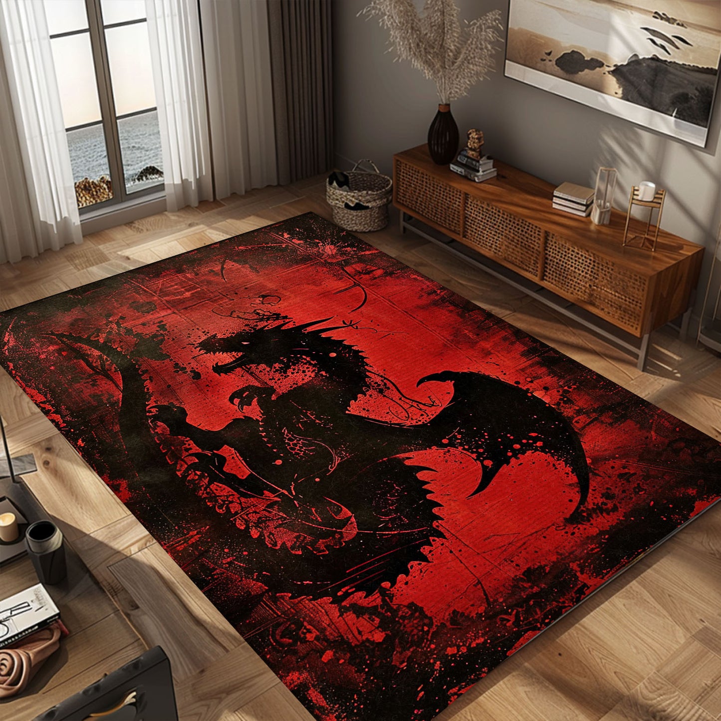 Dynamic Black and Red Dragons Area Rug, Ideal for Creating a Bold and Enchanting Ambiance in Any Room, Gift For Dragon Lovers, Personalized Dragon Rug for Living Room, Bedroom DG108