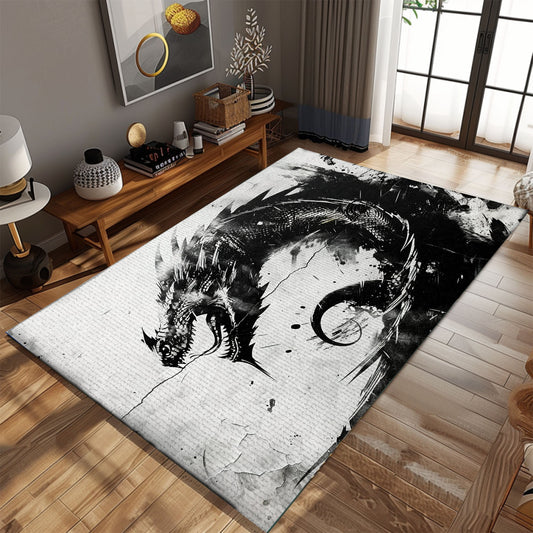 Stunning Black and White Dragons Area Rug, Perfect for Adding a Timeless and Classic Dragon Theme to Your Home, Gift For Dragon Lovers, Personalized Dragon Rug for Living Room, Bedroom DG105