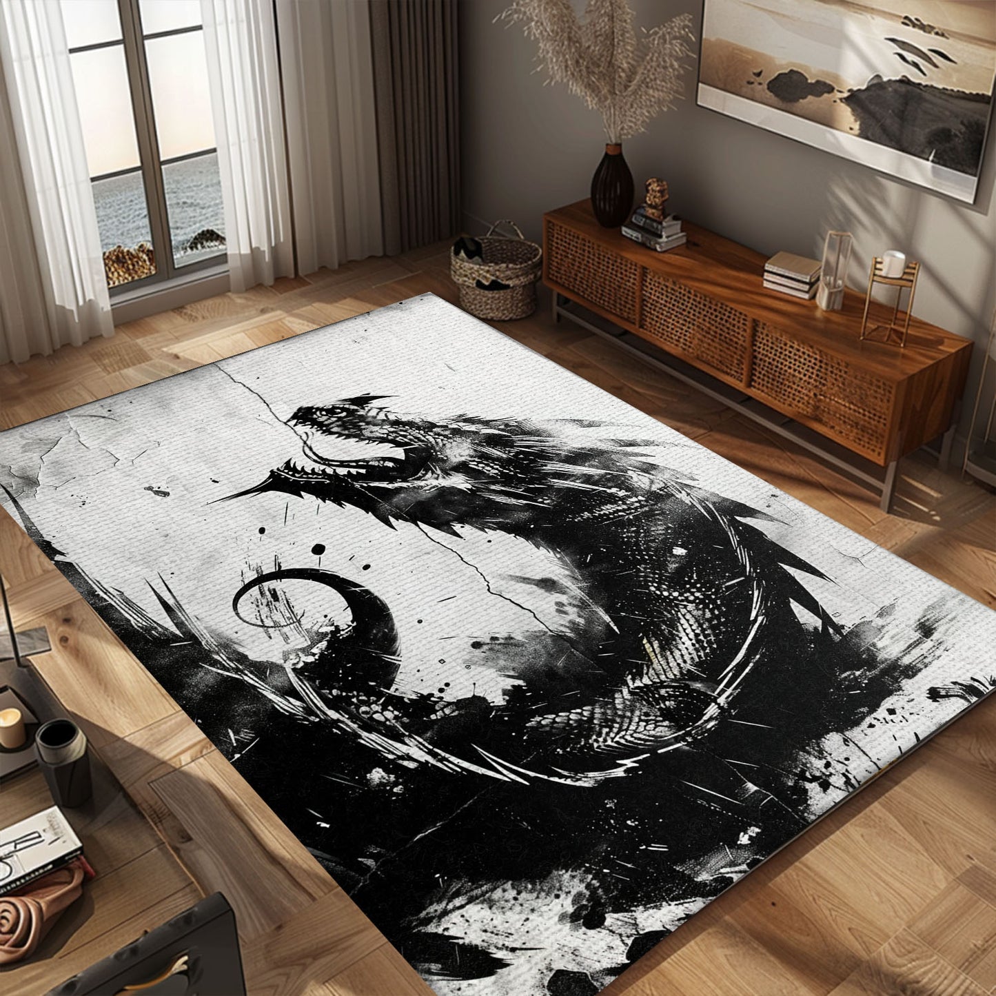 Stunning Black and White Dragons Area Rug, Perfect for Adding a Timeless and Classic Dragon Theme to Your Home, Gift For Dragon Lovers, Personalized Dragon Rug for Living Room, Bedroom DG105