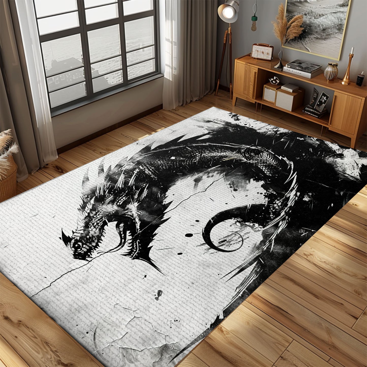 Stunning Black and White Dragons Area Rug, Perfect for Adding a Timeless and Classic Dragon Theme to Your Home, Gift For Dragon Lovers, Personalized Dragon Rug for Living Room, Bedroom DG105