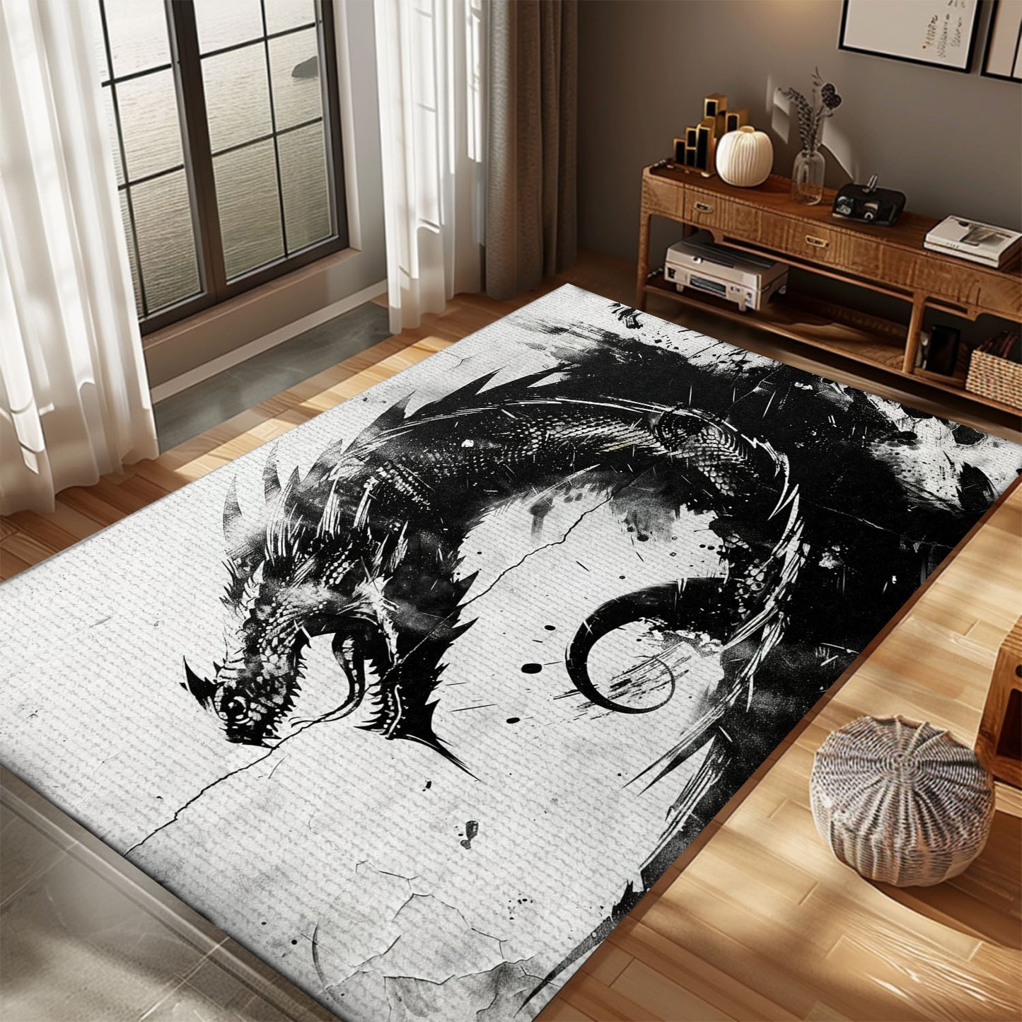 Stunning Black and White Dragons Area Rug, Perfect for Adding a Timeless and Classic Dragon Theme to Your Home, Gift For Dragon Lovers, Personalized Dragon Rug for Living Room, Bedroom DG105