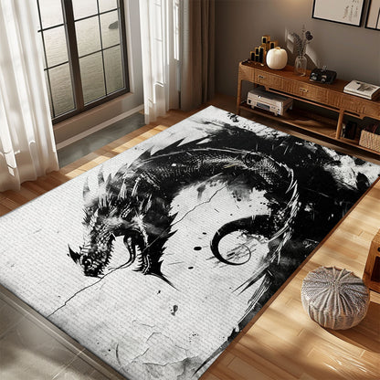 Stunning Black and White Dragons Area Rug, Perfect for Adding a Timeless and Classic Dragon Theme to Your Home, Gift For Dragon Lovers, Personalized Dragon Rug for Living Room, Bedroom DG105