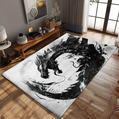 Captivating Black and White Dragons Area Rug, Ideal for Creating a Stylish and Enchanting Interior Design, Gift For Dragon Lovers, Personalized Dragon Rug for Living Room, Bedroom DG104