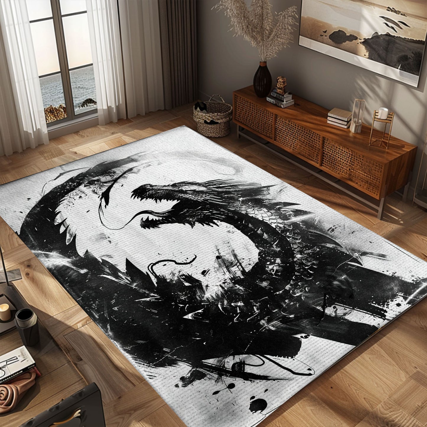 Captivating Black and White Dragons Area Rug, Ideal for Creating a Stylish and Enchanting Interior Design, Gift For Dragon Lovers, Personalized Dragon Rug for Living Room, Bedroom DG104