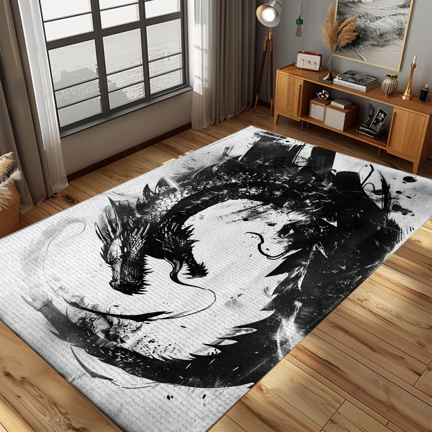 Captivating Black and White Dragons Area Rug, Ideal for Creating a Stylish and Enchanting Interior Design, Gift For Dragon Lovers, Personalized Dragon Rug for Living Room, Bedroom DG104