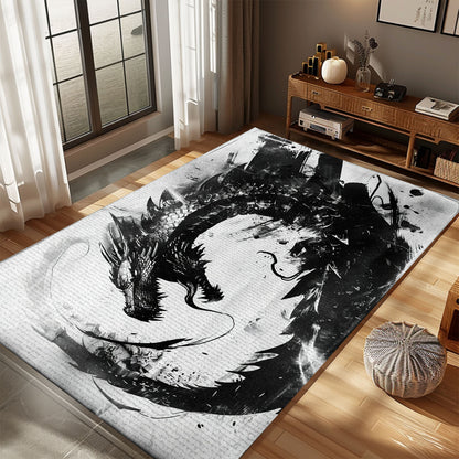 Captivating Black and White Dragons Area Rug, Ideal for Creating a Stylish and Enchanting Interior Design, Gift For Dragon Lovers, Personalized Dragon Rug for Living Room, Bedroom DG104