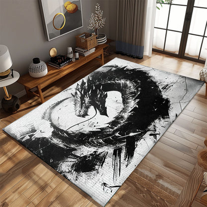 Intriguing Black and White Dragons Area Rug, Perfect for Adding a Monochromatic and Mythical Touch to Any Room, Gift For Dragon Lovers, Personalized Dragon Rug for Living Room, Bedroom DG103