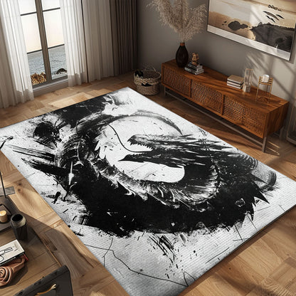 Intriguing Black and White Dragons Area Rug, Perfect for Adding a Monochromatic and Mythical Touch to Any Room, Gift For Dragon Lovers, Personalized Dragon Rug for Living Room, Bedroom DG103