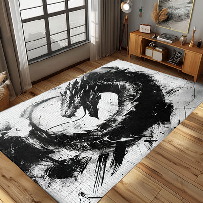 Intriguing Black and White Dragons Area Rug, Perfect for Adding a Monochromatic and Mythical Touch to Any Room, Gift For Dragon Lovers, Personalized Dragon Rug for Living Room, Bedroom DG103