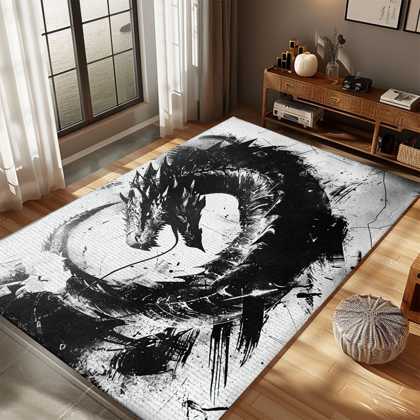 Intriguing Black and White Dragons Area Rug, Perfect for Adding a Monochromatic and Mythical Touch to Any Room, Gift For Dragon Lovers, Personalized Dragon Rug for Living Room, Bedroom DG103