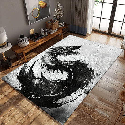 Elegant Black and White Dragons Area Rug, Featuring Contrasting Colors for a Sophisticated Dragon-Themed Decor, Gift For Dragon Lovers, Personalized Dragon Rug for Living Room, Bedroom DG102