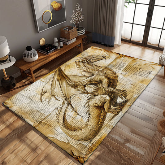 Vintage-Style Dragon on Old Paper Area Rug, Perfect for Adding a Touch of Historic Mythology to Your Home Decor, Gift For Dragon Lovers, Personalized Dragon Rug for Living Room, Bedroom DG101