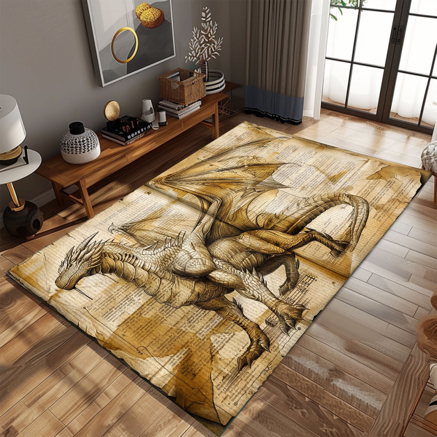 Intriguing Dragon on Old Paper Area Rug, Perfect for Adding a Touch of History and Mythology to Any Room, Gift For Dragon Lovers, Personalized Dragon Rug for Living Room, Bedroom DG100