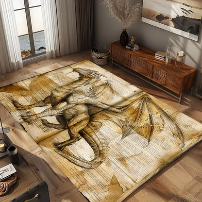 Intriguing Dragon on Old Paper Area Rug, Perfect for Adding a Touch of History and Mythology to Any Room, Gift For Dragon Lovers, Personalized Dragon Rug for Living Room, Bedroom DG100