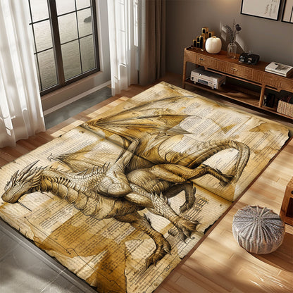 Intriguing Dragon on Old Paper Area Rug, Perfect for Adding a Touch of History and Mythology to Any Room, Gift For Dragon Lovers, Personalized Dragon Rug for Living Room, Bedroom DG100