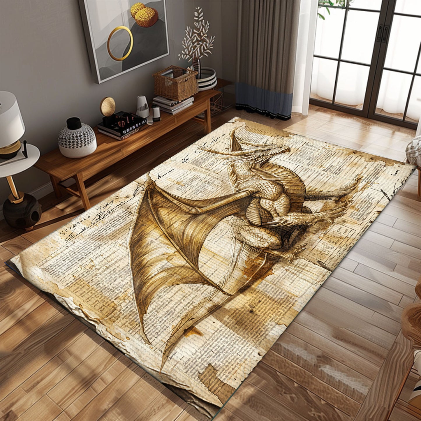 Dragon Depicted on Old Paper Area Rug, Ideal for Creating a Historic and Fantasy-Inspired Interior Design, Gift For Dragon Lovers, Personalized Dragon Rug for Living Room, Bedroom DG99