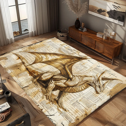 Dragon Depicted on Old Paper Area Rug, Ideal for Creating a Historic and Fantasy-Inspired Interior Design, Gift For Dragon Lovers, Personalized Dragon Rug for Living Room, Bedroom DG99