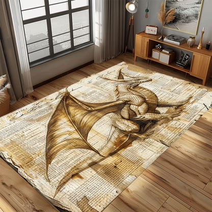 Dragon Depicted on Old Paper Area Rug, Ideal for Creating a Historic and Fantasy-Inspired Interior Design, Gift For Dragon Lovers, Personalized Dragon Rug for Living Room, Bedroom DG99