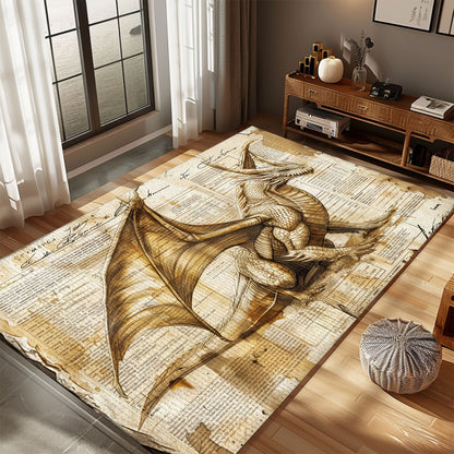 Dragon Depicted on Old Paper Area Rug, Ideal for Creating a Historic and Fantasy-Inspired Interior Design, Gift For Dragon Lovers, Personalized Dragon Rug for Living Room, Bedroom DG99