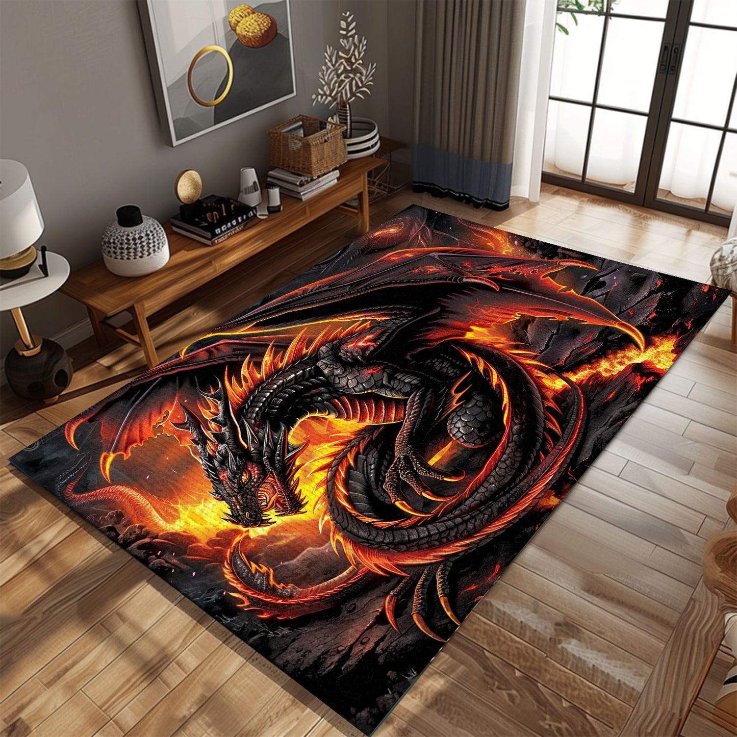 Fierce Dragon with Fiery Accents Area Rug, Creating a Dramatic and Enchanting Ambiance in Your Living Space, Gift For Dragon Lovers, Personalized Dragon Rug for Living Room, Bedroom DG97