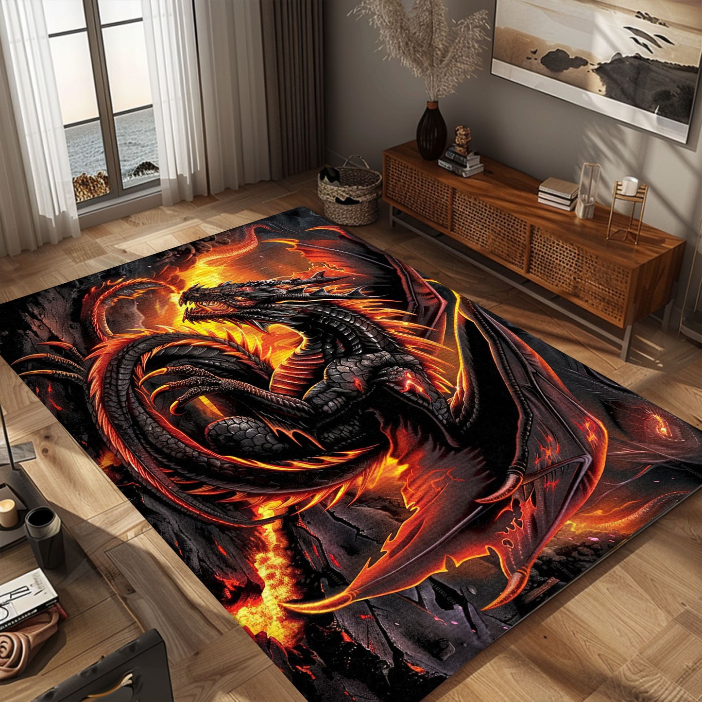 Fierce Dragon with Fiery Accents Area Rug, Creating a Dramatic and Enchanting Ambiance in Your Living Space, Gift For Dragon Lovers, Personalized Dragon Rug for Living Room, Bedroom DG97