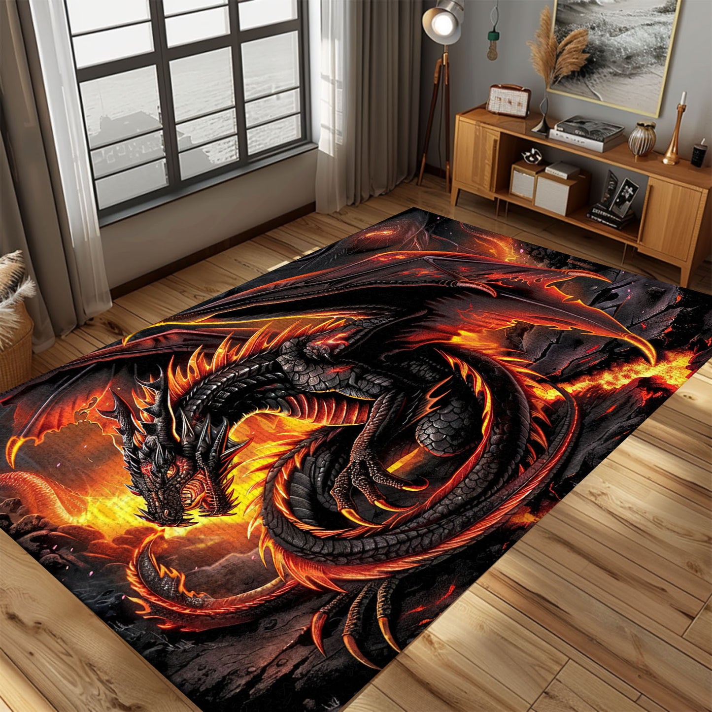 Fierce Dragon with Fiery Accents Area Rug, Creating a Dramatic and Enchanting Ambiance in Your Living Space, Gift For Dragon Lovers, Personalized Dragon Rug for Living Room, Bedroom DG97