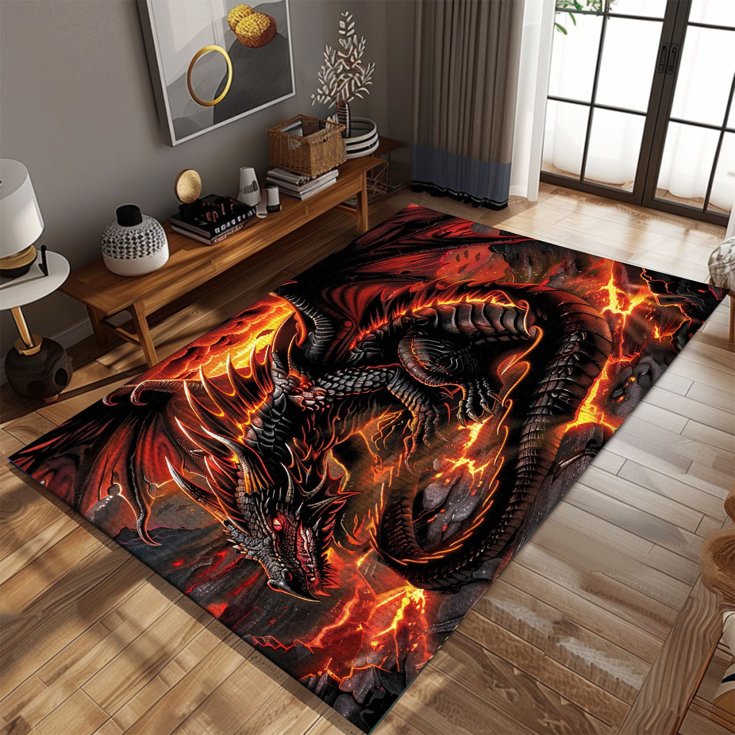 Dragon with Fiery Accents Area Rug, Perfect for Adding a Bold and Dynamic Element to Your Home Decor, Gift For Dragon Lovers, Personalized Dragon Rug for Living Room, Bedroom DG96