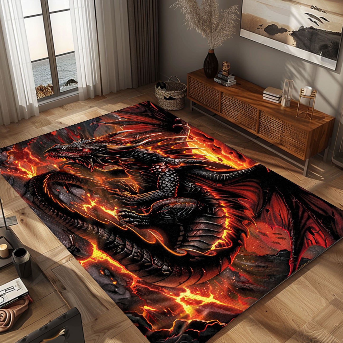 Dragon with Fiery Accents Area Rug, Perfect for Adding a Bold and Dynamic Element to Your Home Decor, Gift For Dragon Lovers, Personalized Dragon Rug for Living Room, Bedroom DG96