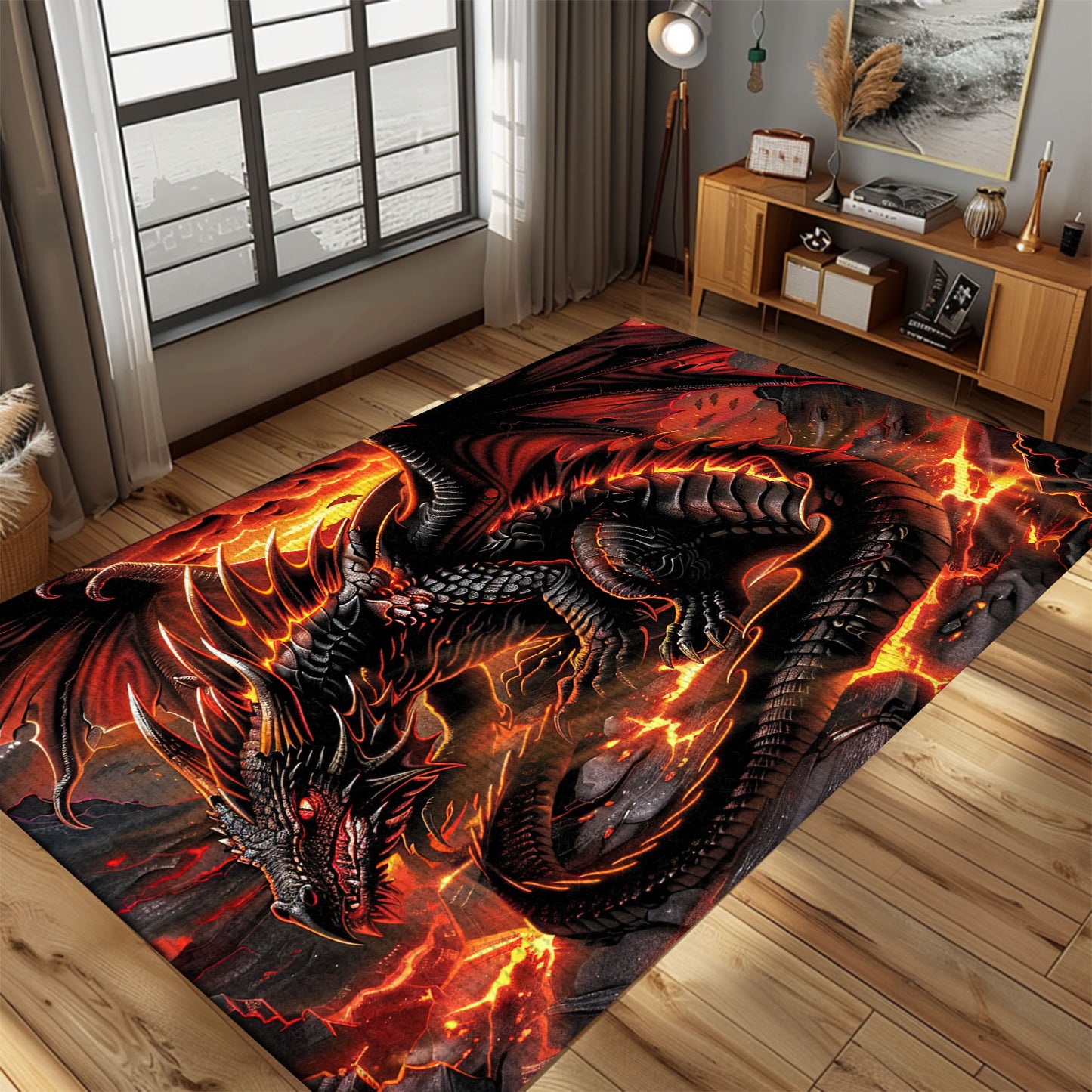 Dragon with Fiery Accents Area Rug, Perfect for Adding a Bold and Dynamic Element to Your Home Decor, Gift For Dragon Lovers, Personalized Dragon Rug for Living Room, Bedroom DG96