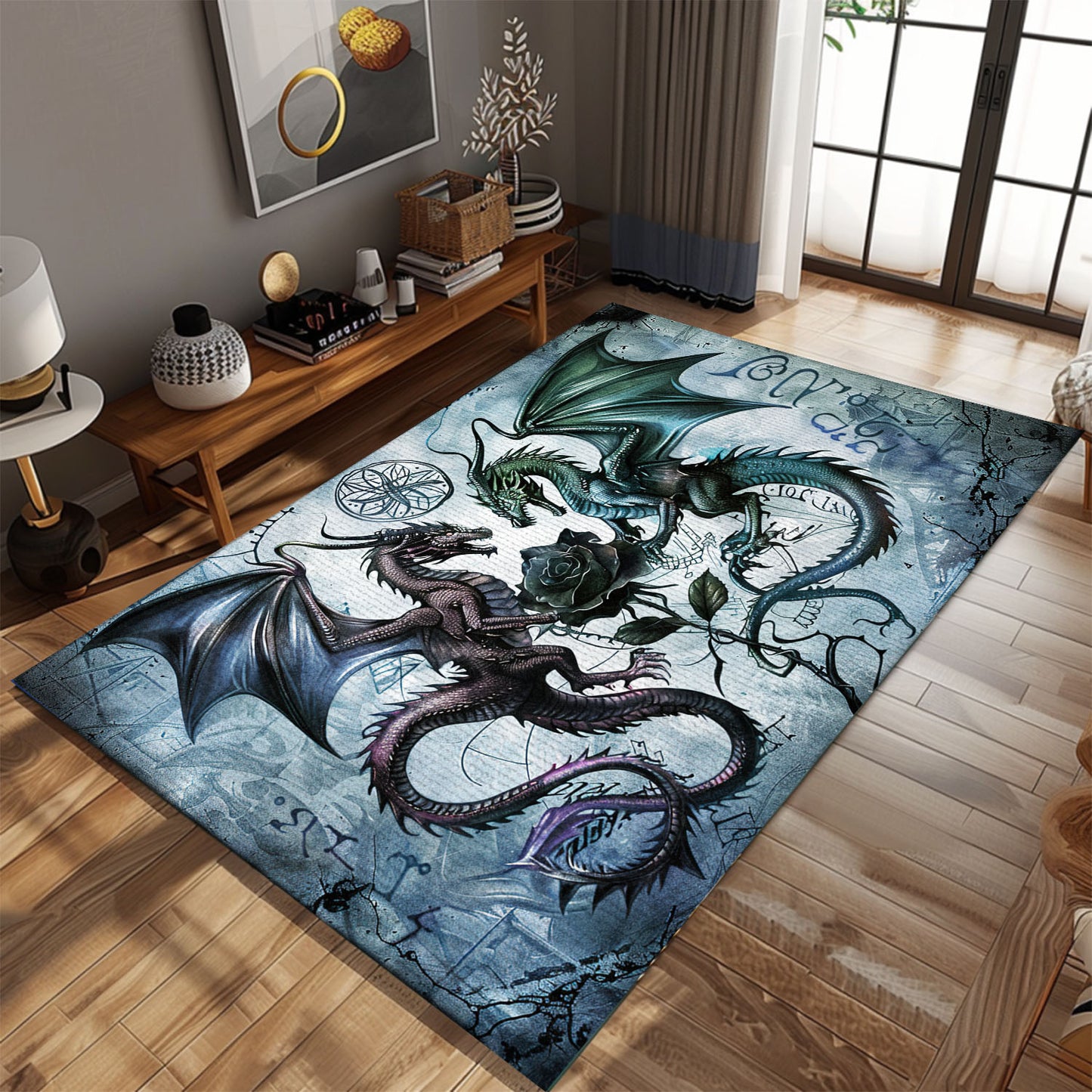 Intriguing Dragons with a Rose Area Rug, Ideal for Creating a Mystical and Romantic Atmosphere in Any Room, Gift For Dragon Lovers, Personalized Dragon Rug for Living Room, Bedroom DG95