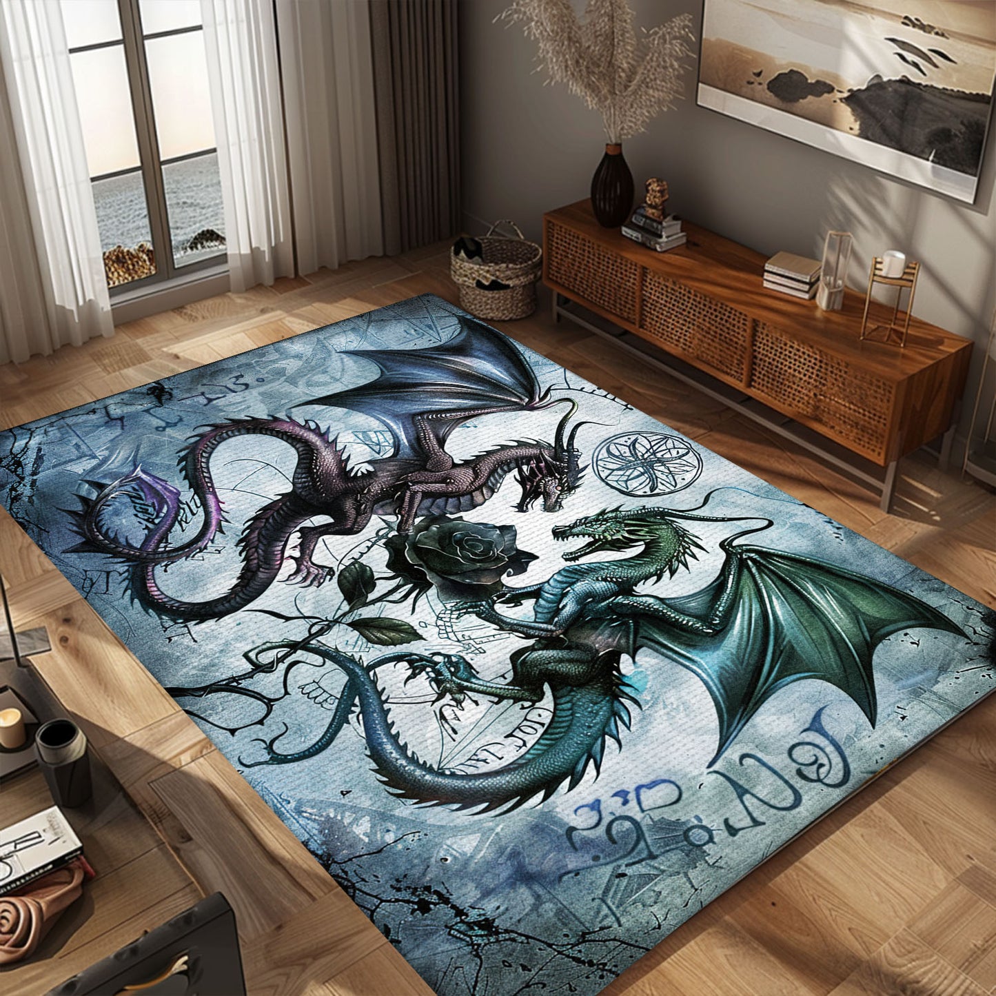 Intriguing Dragons with a Rose Area Rug, Ideal for Creating a Mystical and Romantic Atmosphere in Any Room, Gift For Dragon Lovers, Personalized Dragon Rug for Living Room, Bedroom DG95