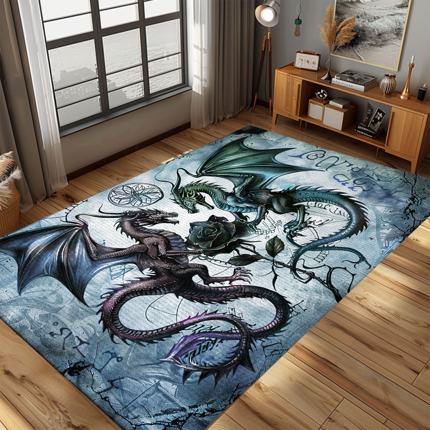 Intriguing Dragons with a Rose Area Rug, Ideal for Creating a Mystical and Romantic Atmosphere in Any Room, Gift For Dragon Lovers, Personalized Dragon Rug for Living Room, Bedroom DG95