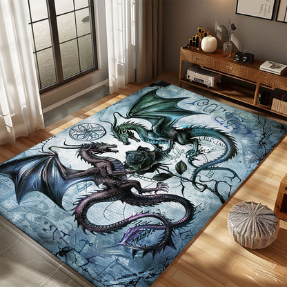 Intriguing Dragons with a Rose Area Rug, Ideal for Creating a Mystical and Romantic Atmosphere in Any Room, Gift For Dragon Lovers, Personalized Dragon Rug for Living Room, Bedroom DG95