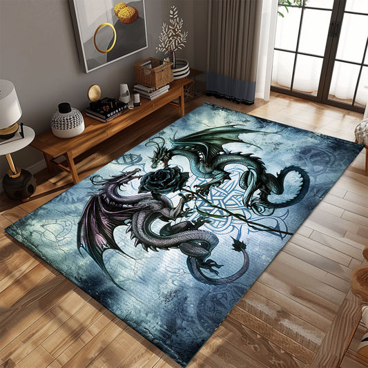 Beautiful Dragons with Rose Area Rug, Perfect for Adding a Touch of Romance and Mythology to Your Home, Gift For Dragon Lovers, Personalized Dragon Rug for Living Room, Bedroom DG94