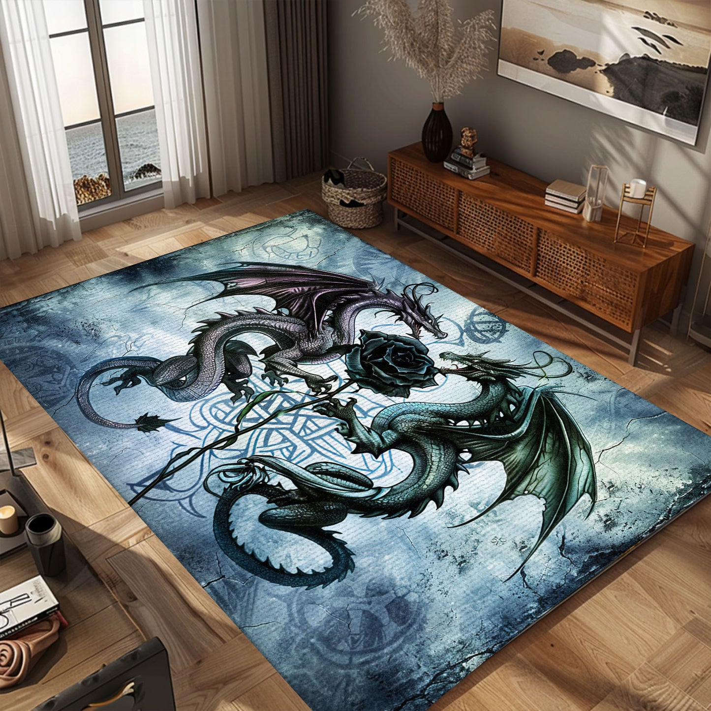 Beautiful Dragons with Rose Area Rug, Perfect for Adding a Touch of Romance and Mythology to Your Home, Gift For Dragon Lovers, Personalized Dragon Rug for Living Room, Bedroom DG94