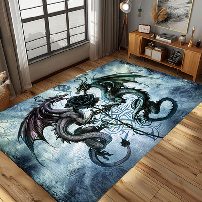 Beautiful Dragons with Rose Area Rug, Perfect for Adding a Touch of Romance and Mythology to Your Home, Gift For Dragon Lovers, Personalized Dragon Rug for Living Room, Bedroom DG94