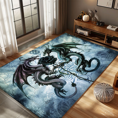 Beautiful Dragons with Rose Area Rug, Perfect for Adding a Touch of Romance and Mythology to Your Home, Gift For Dragon Lovers, Personalized Dragon Rug for Living Room, Bedroom DG94