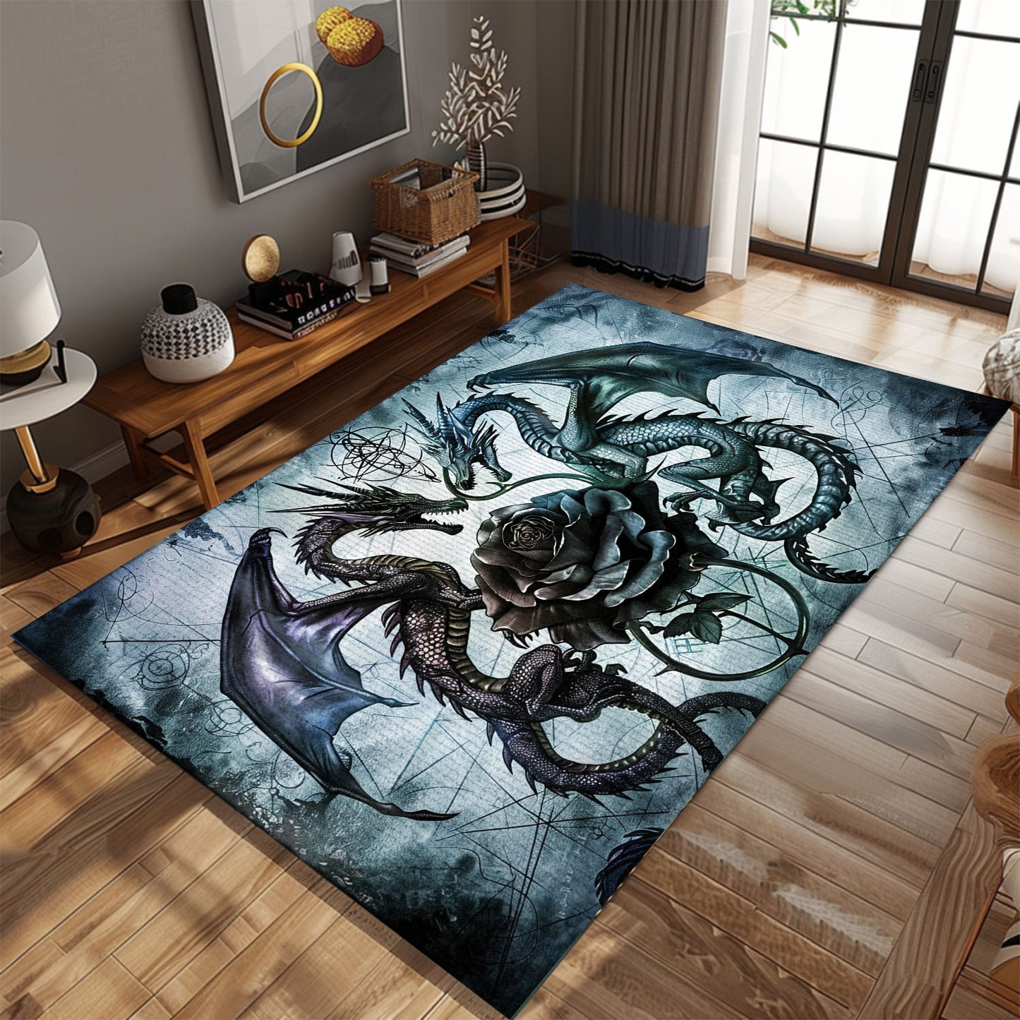 Dragons with a Rose Area Rug, Creating a Unique and Enchanting Decor for Fantasy and Dragon Lovers, Gift For Dragon Lovers, Personalized Dragon Rug for Living Room, Bedroom DG93