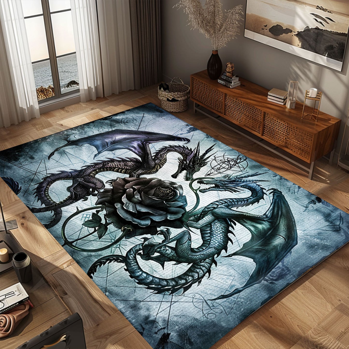 Dragons with a Rose Area Rug, Creating a Unique and Enchanting Decor for Fantasy and Dragon Lovers, Gift For Dragon Lovers, Personalized Dragon Rug for Living Room, Bedroom DG93