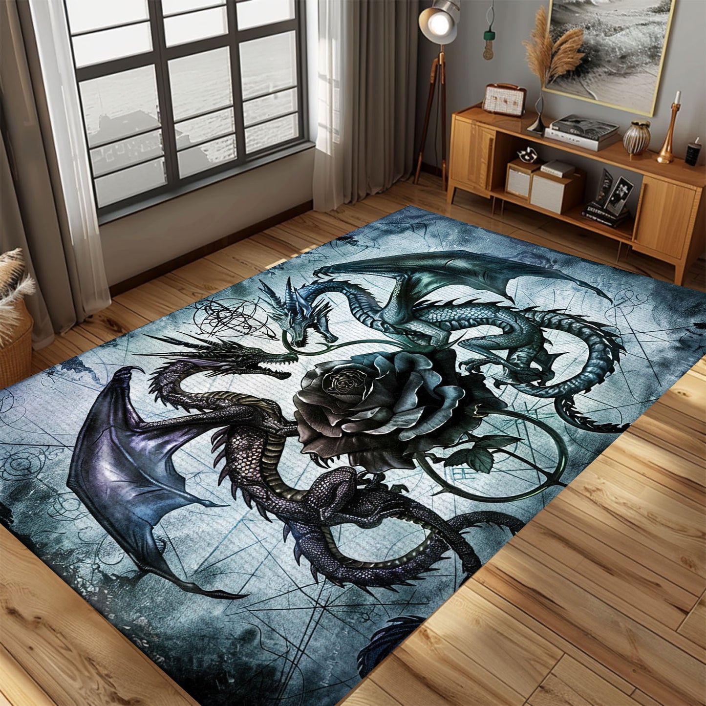 Dragons with a Rose Area Rug, Creating a Unique and Enchanting Decor for Fantasy and Dragon Lovers, Gift For Dragon Lovers, Personalized Dragon Rug for Living Room, Bedroom DG93