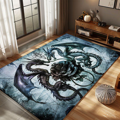 Dragons with a Rose Area Rug, Creating a Unique and Enchanting Decor for Fantasy and Dragon Lovers, Gift For Dragon Lovers, Personalized Dragon Rug for Living Room, Bedroom DG93