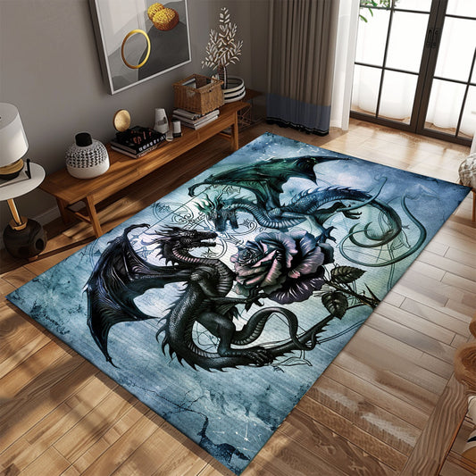 Elegant Area Rug Featuring Dragons with a Delicate Rose, Perfect for Adding a Romantic and Mystical Touch, Gift For Dragon Lovers, Personalized Dragon Rug for Living Room, Bedroom DG92