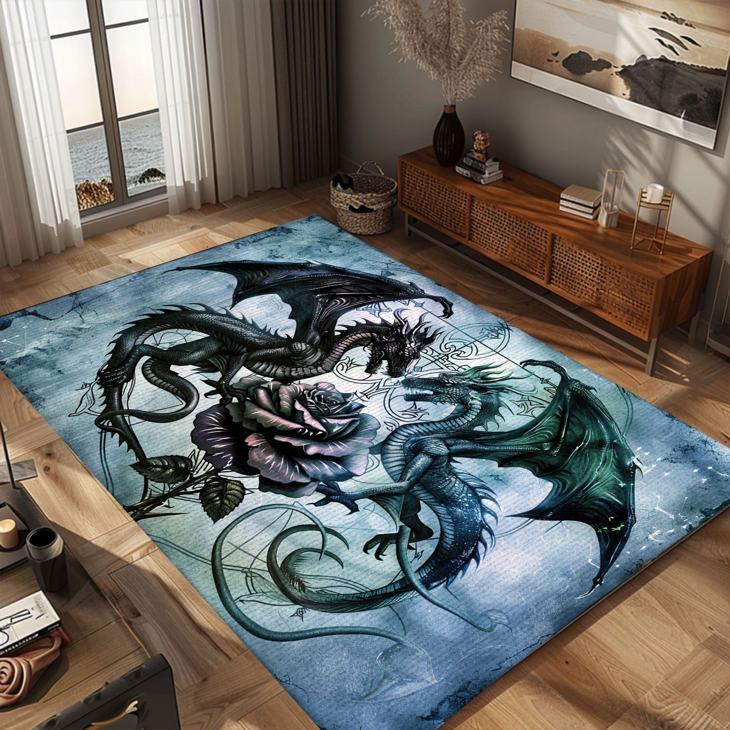 Elegant Area Rug Featuring Dragons with a Delicate Rose, Perfect for Adding a Romantic and Mystical Touch, Gift For Dragon Lovers, Personalized Dragon Rug for Living Room, Bedroom DG92