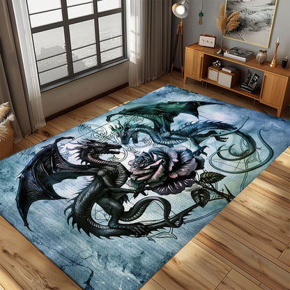 Elegant Area Rug Featuring Dragons with a Delicate Rose, Perfect for Adding a Romantic and Mystical Touch, Gift For Dragon Lovers, Personalized Dragon Rug for Living Room, Bedroom DG92