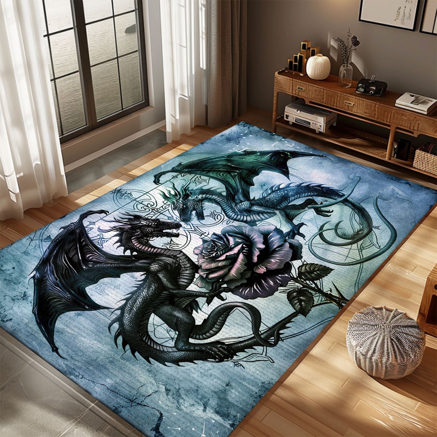 Elegant Area Rug Featuring Dragons with a Delicate Rose, Perfect for Adding a Romantic and Mystical Touch, Gift For Dragon Lovers, Personalized Dragon Rug for Living Room, Bedroom DG92