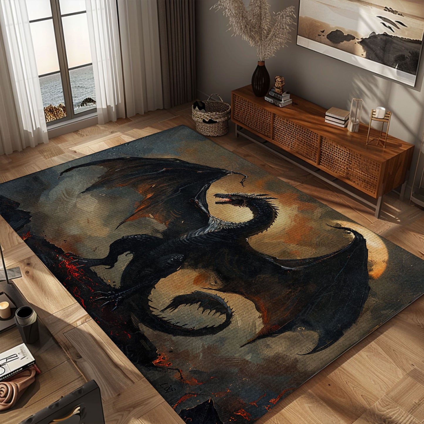 Powerful and Majestic Fatalis the Black Dragon Area Rug, Ideal for Creating an Epic Fantasy-Themed Interior, Gift For Dragon Lovers, Personalized Dragon Rug for Living Room, Bedroom DG91