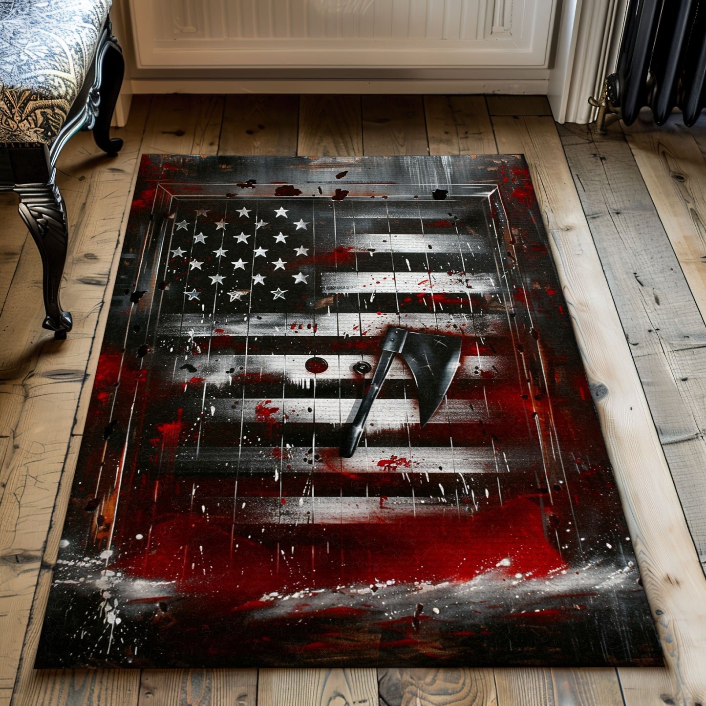 Bold Fire Truck in Front of USA Flag Carpet: Honor Firefighting Heroes, Firefighter Rugs for Living Room Bedroom, Firefighter Rectangular Rugs Full Size FR52