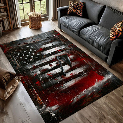 Bold Fire Truck in Front of USA Flag Carpet: Honor Firefighting Heroes, Firefighter Rugs for Living Room Bedroom, Firefighter Rectangular Rugs Full Size FR52