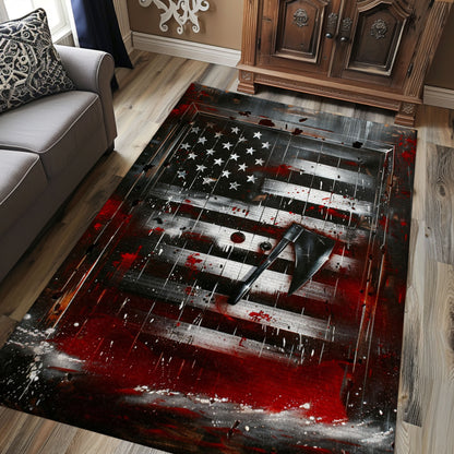 Bold Fire Truck in Front of USA Flag Carpet: Honor Firefighting Heroes, Firefighter Rugs for Living Room Bedroom, Firefighter Rectangular Rugs Full Size FR52