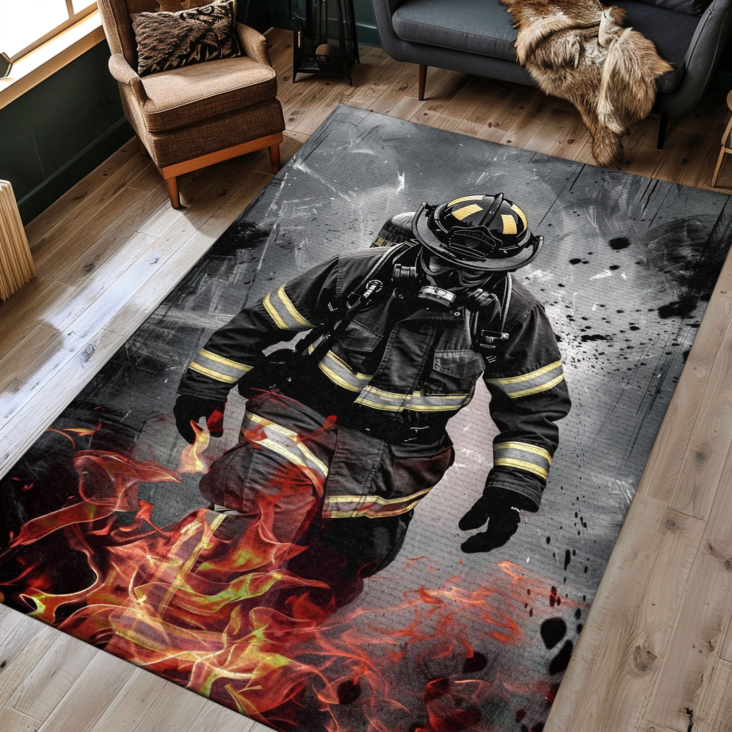 Heroic Fireman Carpet: Add Action to Your Living Space, Firefighter Rugs for Living Room Bedroom, Firefighter Rectangular Rugs Full Size FR45